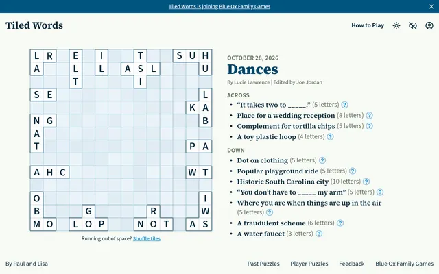 The Tiled Words daily for 28 October 2026, Dances, with letter tiles scattered on the grid beside its across and down clues
