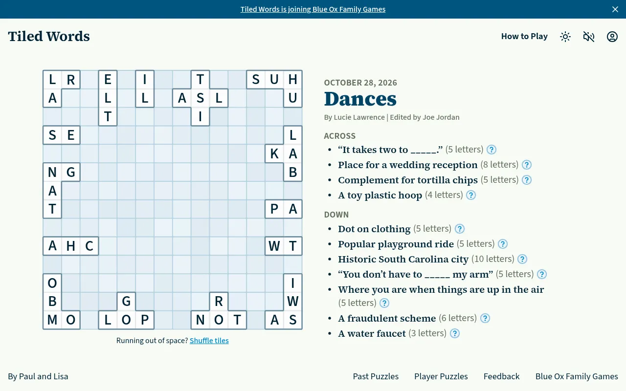 The Tiled Words daily for 28 October 2026, Dances, with letter tiles scattered on the grid beside its across and down clues