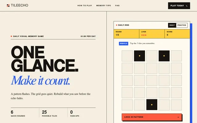Round 1 of TileEcho Daily #300 on a desktop: the 5 by 5 grid after the flash with three tiles picked back from memory and the Lock in pattern button