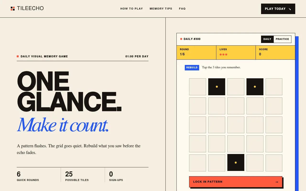 Round 1 of TileEcho Daily #300 on a desktop: the 5 by 5 grid after the flash with three tiles picked back from memory and the Lock in pattern button