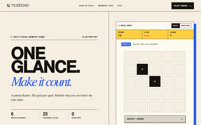 Round 1 of TileEcho Daily #293 on a desktop: a 5 by 5 grid after the flash, two tiles picked, the bar showing round 1/6, three lives and Select 1 more