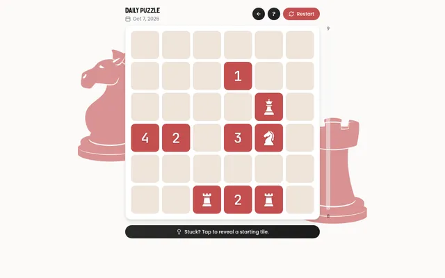 TileKnight's Medium daily puzzle for 7 October 2026: a 6 by 6 grid with given number tiles 1, 2, 3, 4 and chess-piece tiles (queen, knight, two rooks), and a hint bar below