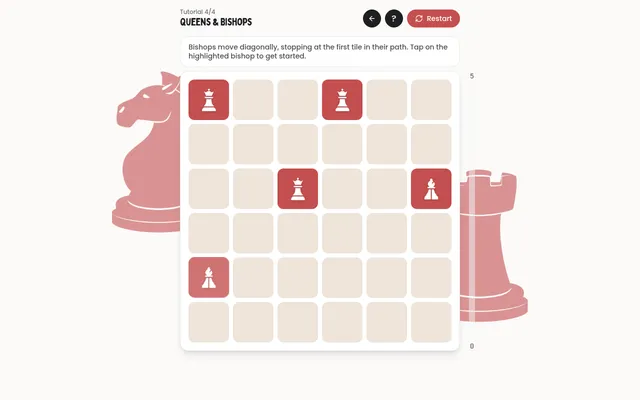 TileKnight board at desktop size: tutorial 4, Queens and Bishops, a 6 by 6 grid with three queen tiles and two bishop tiles in red, the move rule shown above