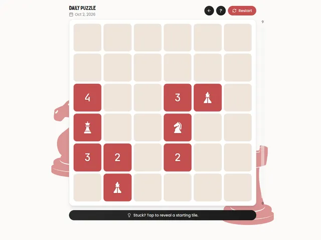 TileKnight daily board for Oct 2, 2026 with red tiles showing numbers, a queen, a knight and bishops