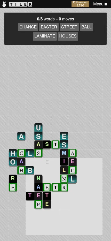 Tiler on a phone: the same day's board of letter tile pieces below the word list and move counter