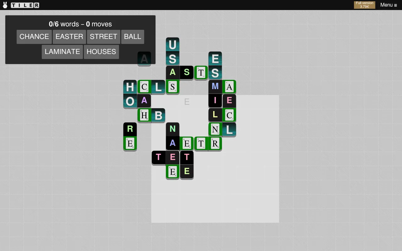 Tiler board for 21 October 2026 on a desktop: coloured letter tile pieces around the play area, with the six words to assemble and a 0/6 words, 0 moves counter
