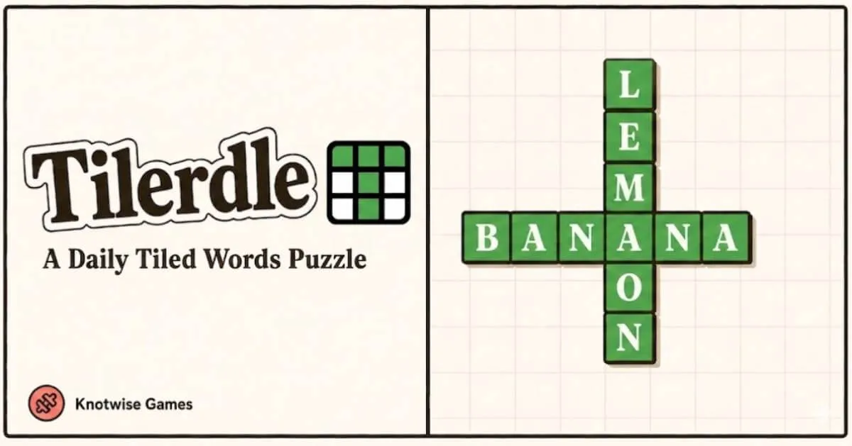 Tilerdle artwork: green letter tiles spelling BANANA across and LEMON down on a grid, beside the title