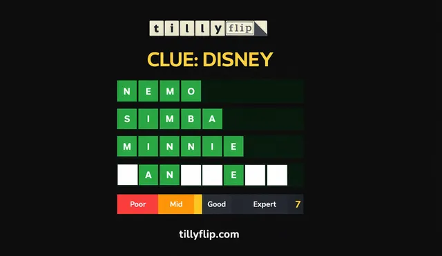 Tillyflip puzzle with the clue Disney and the words NEMO, SIMBA and MINNIE solved, one word partly revealed