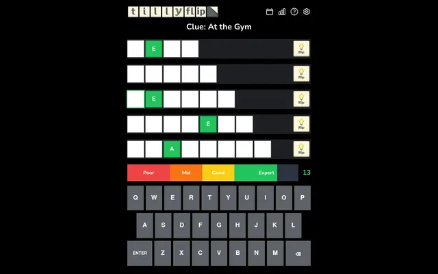 Tillyflip board for 19 October 2026, clue At the Gym: five rows of blank tiles with a few letters flipped, the rating bar, 13 lives and the keyboard