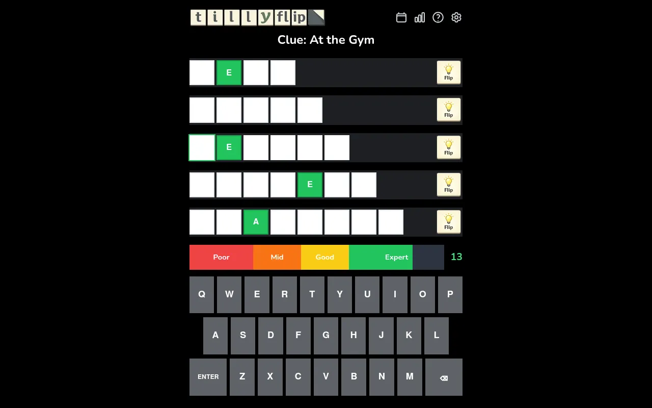 Tillyflip board for 19 October 2026, clue At the Gym: five rows of blank tiles with a few letters flipped, the rating bar, 13 lives and the keyboard
