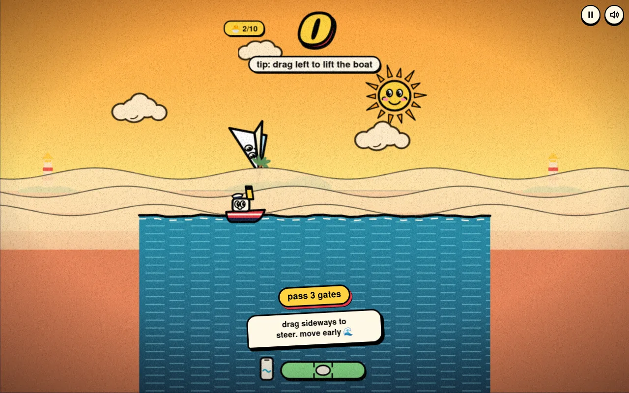 A Tiltanic warm-up run in a desktop browser: the boat on the sloshing sea under a sunset sky, a gate ahead, the score at 0 and the tilt level bar at the bottom