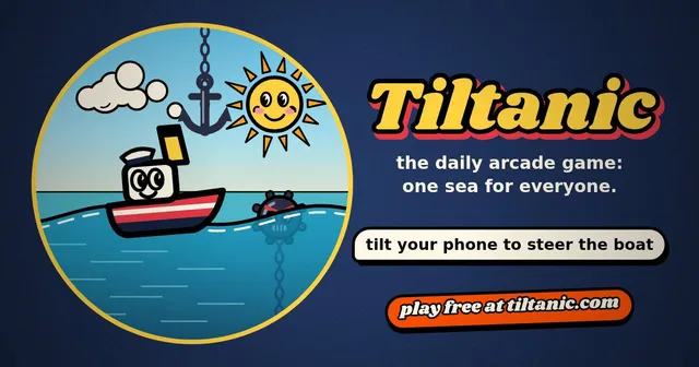 Tiltanic's share card: the smiling tugboat on a blue sea between a hanging anchor and a sea mine, beside the title