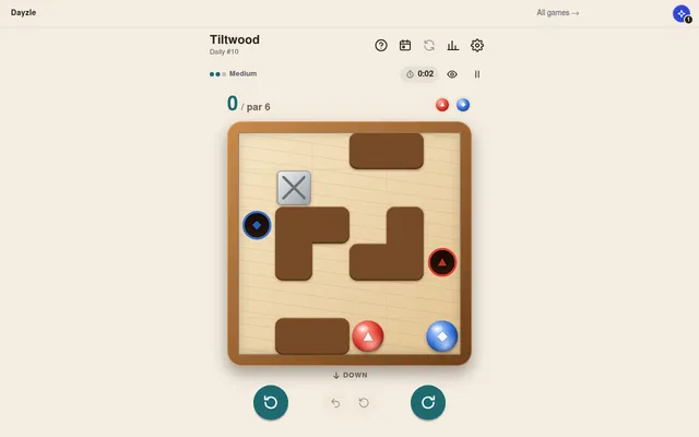 Tiltwood Daily #10: a wooden maze with brown walls, a grey box, a red and a blue marble at the bottom and their two holes, 0 of par 6, with turn buttons