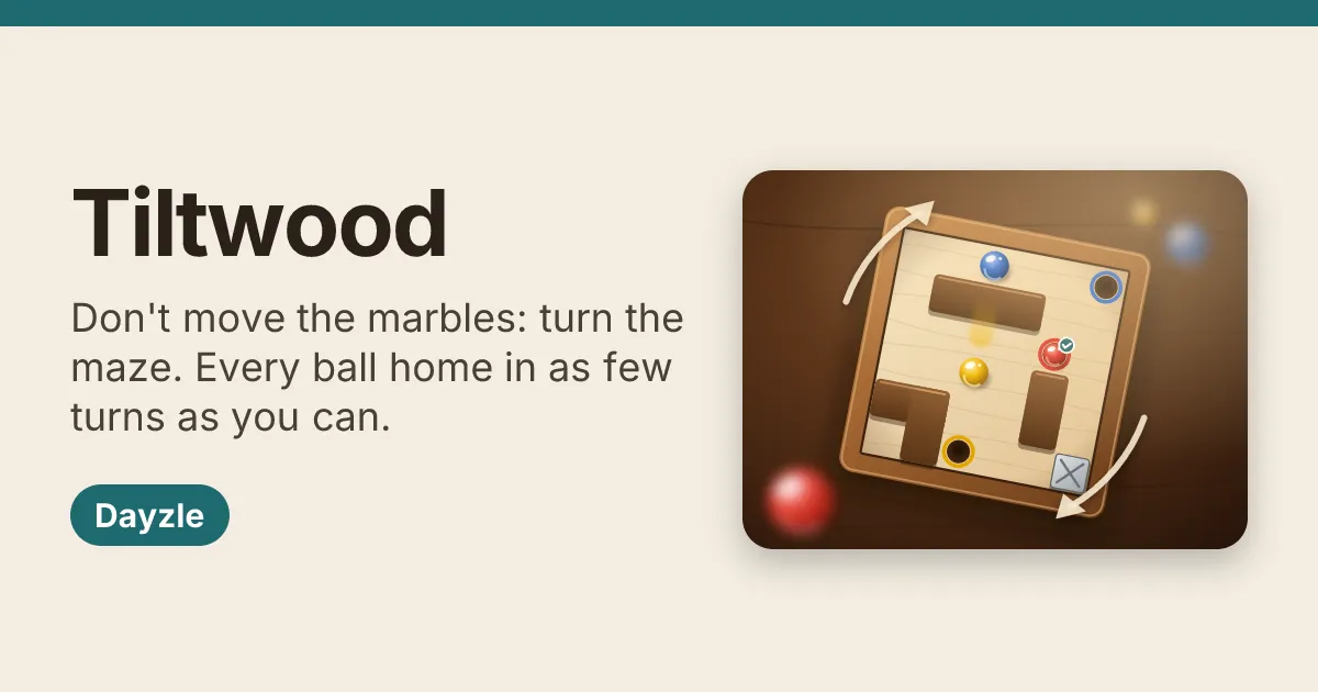Tiltwood card: the name and rule beside a tilted wooden maze with blue, yellow and red marbles, holes, a grey box and turning arrows