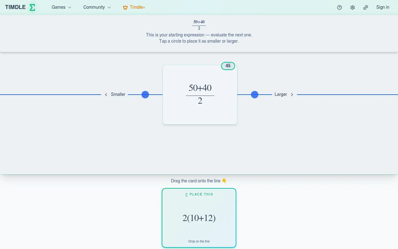Timdle Math: the starting card (50+40)/2 worth 45 on a smaller-to-larger line, with the next card 2(10+12) to drag into place