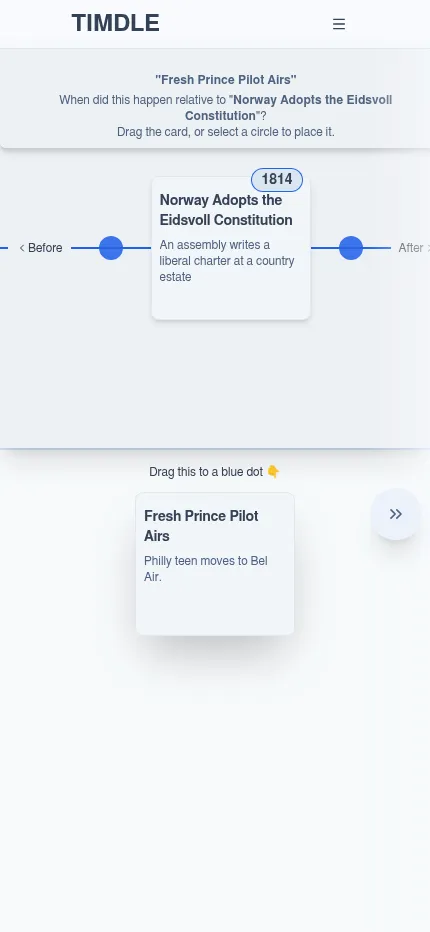 Timdle's daily timeline on a phone: the pinned 1814 event with Before and After dots and the next card to drag below it