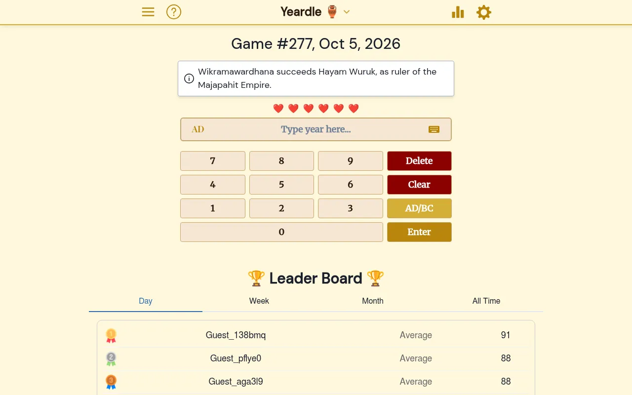 Timedle's Yeardle, game 277 for 5 October 2026: the clue about the ruler of the Majapahit Empire, six hearts, a year box with an AD/BC switch and a number keypad, above the daily leaderboard