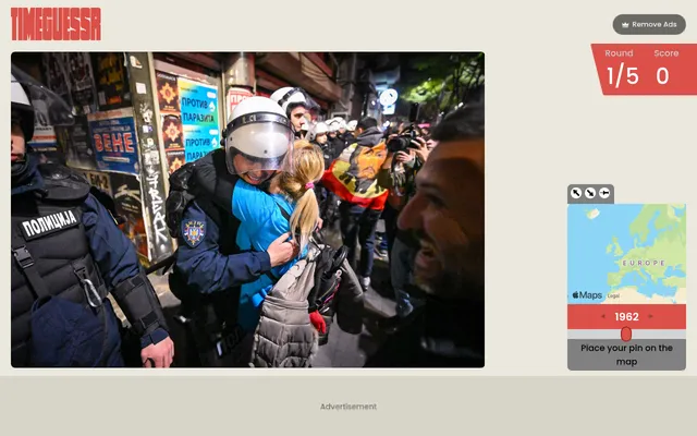 The TimeGuessr daily for 27 October 2026, round 1 of 5: a street photo of police and a crowd, with the world map and year slider beside it