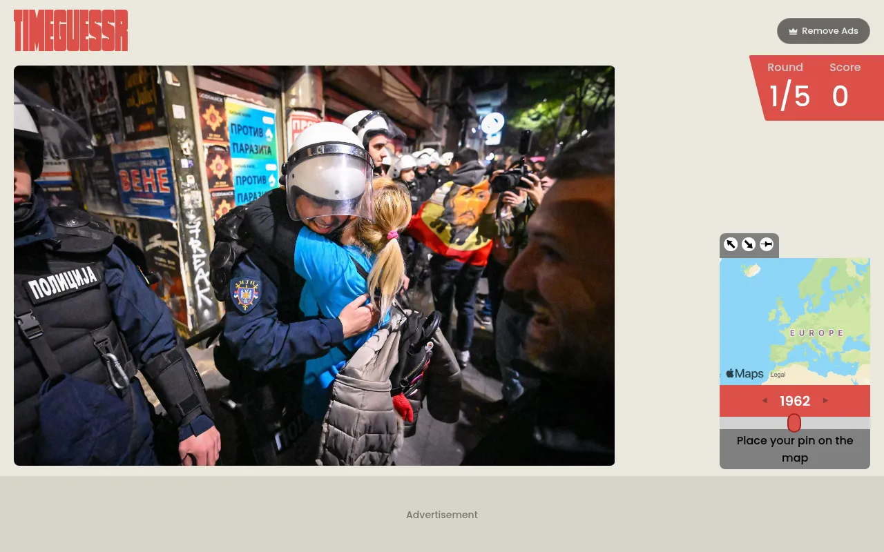 The TimeGuessr daily for 27 October 2026, round 1 of 5: a street photo of police and a crowd, with the world map and year slider beside it
