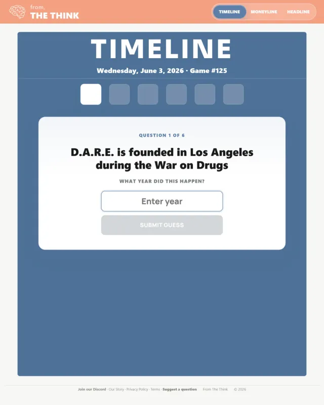 Timeline game #125 for Wednesday, June 3, 2026: question 1 of 6, the year D.A.R.E. was founded in Los Angeles, with a box to enter the year (Playlin's screenshot)