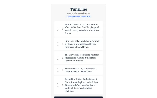 TimeLine daily challenge for 10/20/2026 on desktop: five event cards from this date, from the Battle of Zama to King John's death, with arrows to reorder them