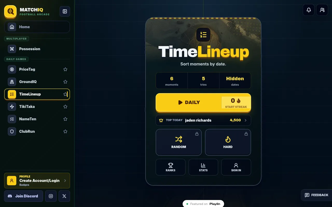 The TimeLineup start screen on MatchIQ: Put moments in order, 6 to 10 moments, 5 tries, hidden timing, a Daily button with streak and the day's top score