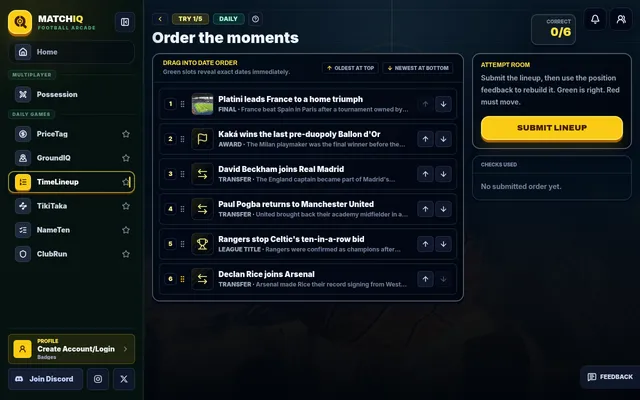 TimeLineup daily, try 1 of 5: six football moments to drag into date order, from Platini leading France to a home triumph to Declan Rice joining Arsenal, with up and down arrows and a Submit Lineup bu