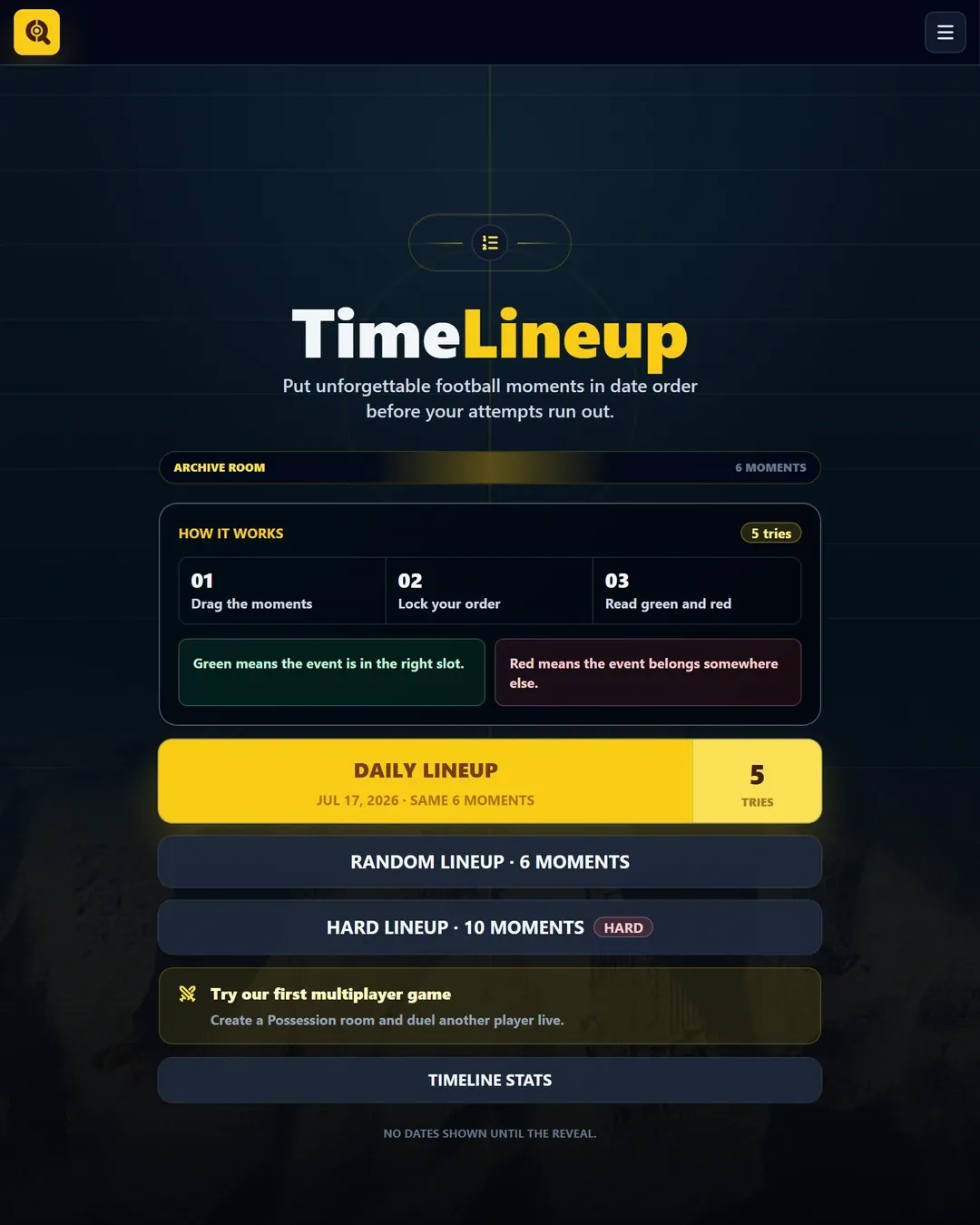 An earlier TimeLineup menu at phone size: how it works (drag, lock, read green and red), the Daily Lineup of 6 moments with 5 tries, Random and Hard lineups