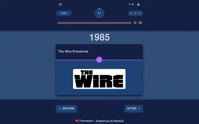 Timeswipe's Daily Challenge on 21 October 2026 at desktop size: the year 1985 above the card The Wire Premiered, with points, combo, stars, 0/10 progress and Before and After buttons