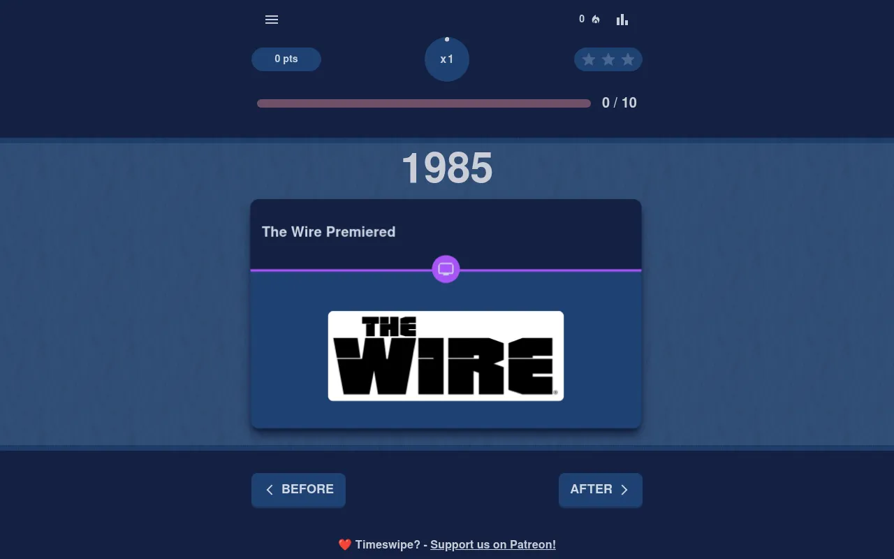 Timeswipe's Daily Challenge on 21 October 2026 at desktop size: the year 1985 above the card The Wire Premiered, with points, combo, stars, 0/10 progress and Before and After buttons