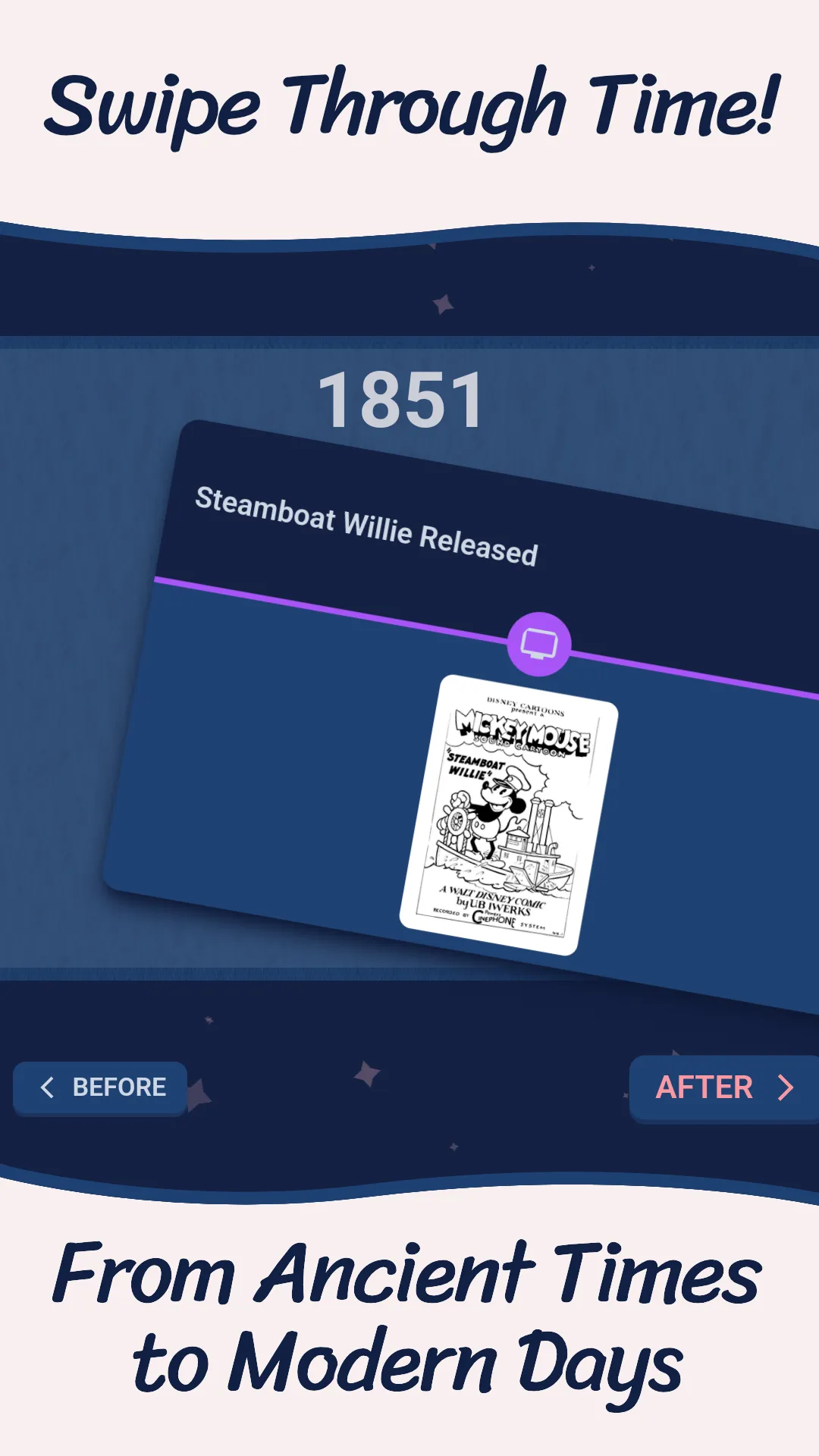 Timeswipe store screenshot: the year 1851 above the card Steamboat Willie Released with its poster, to be swiped before or after