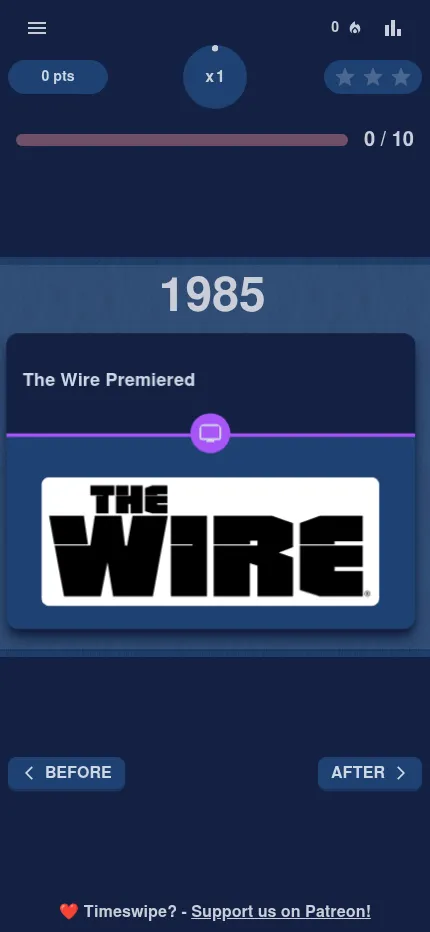 Timeswipe's Daily Challenge on a phone: the year 1985 above the card The Wire Premiered, with Before and After buttons below