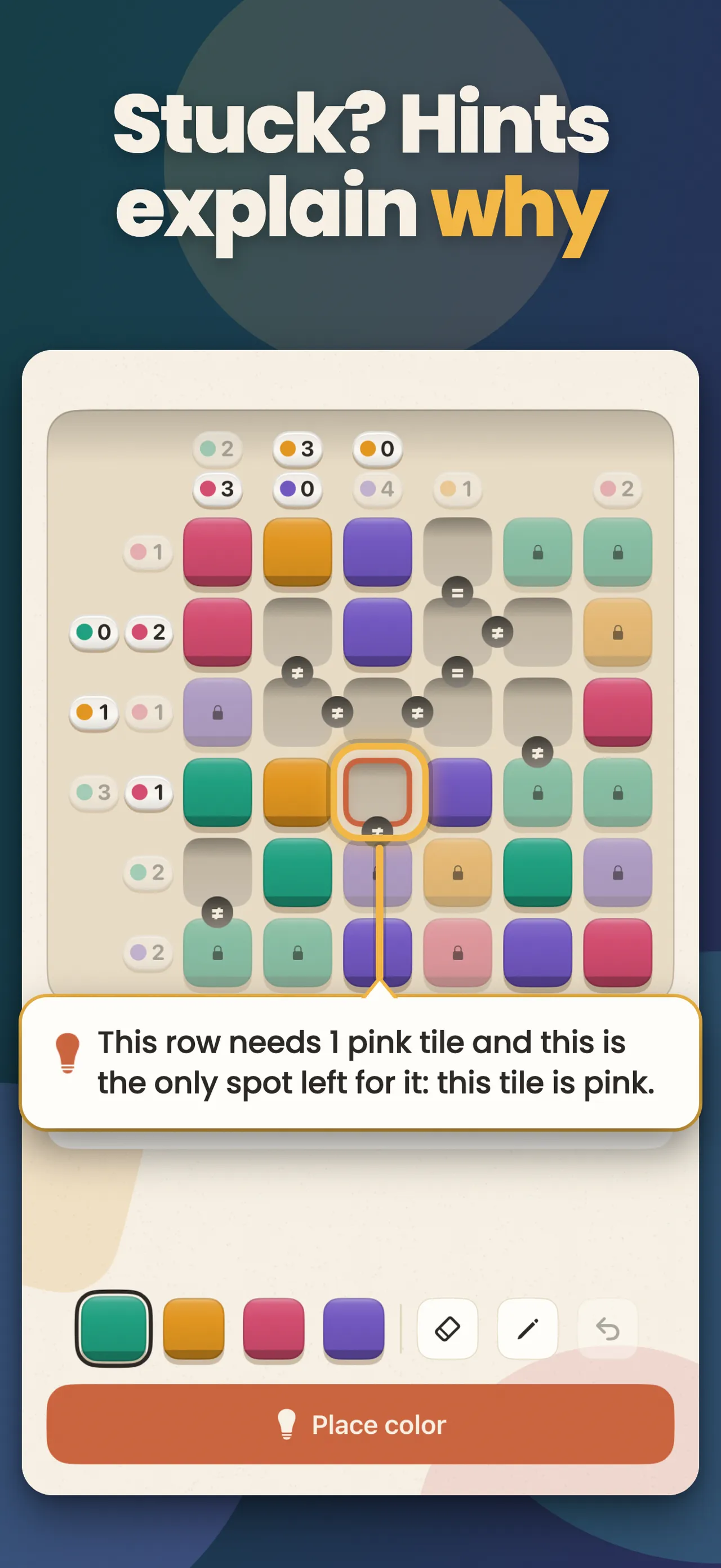 A Tinta hint explaining that a row needs one pink tile and only one spot is left for it