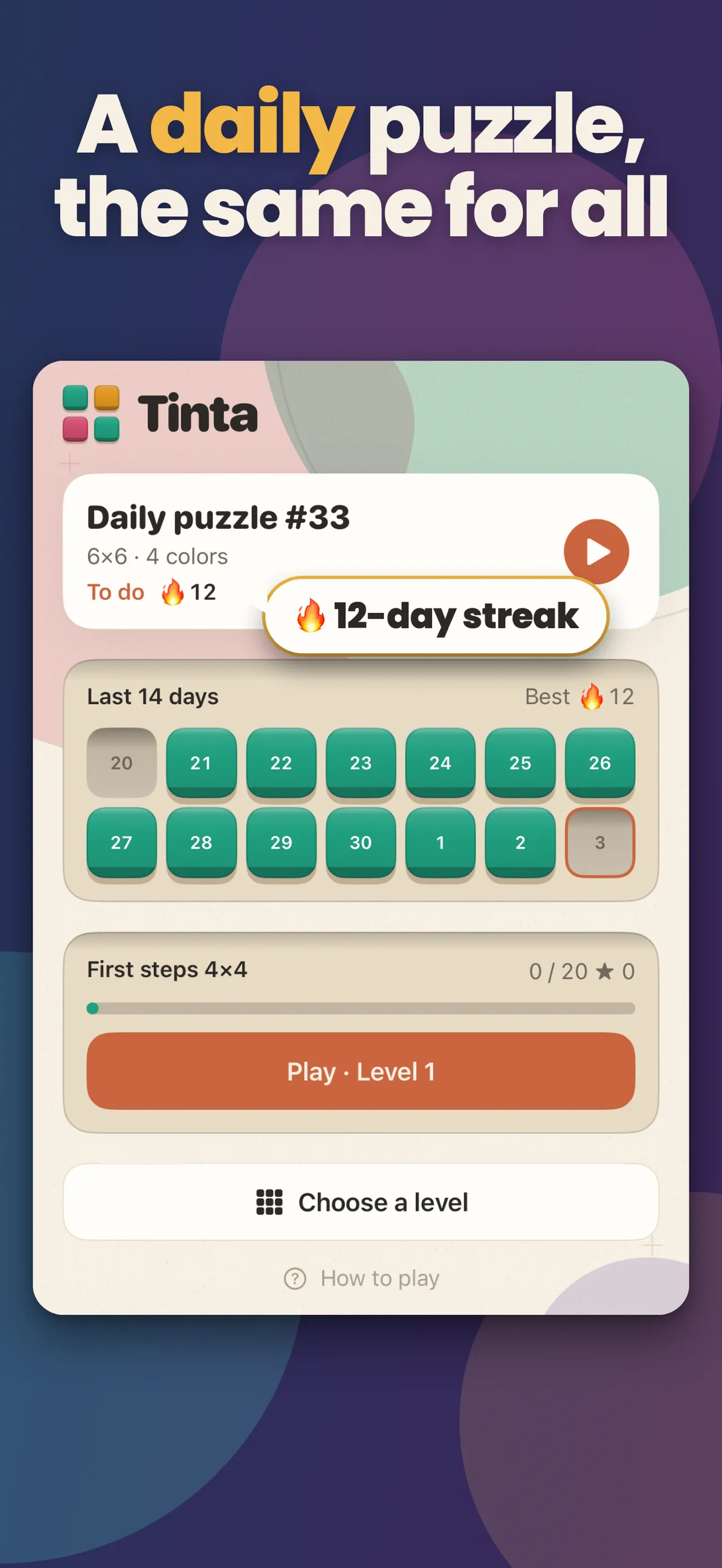 Tinta's home screen: Daily puzzle #33, 6x6 with 4 colours, a 12-day streak and the last 14 days