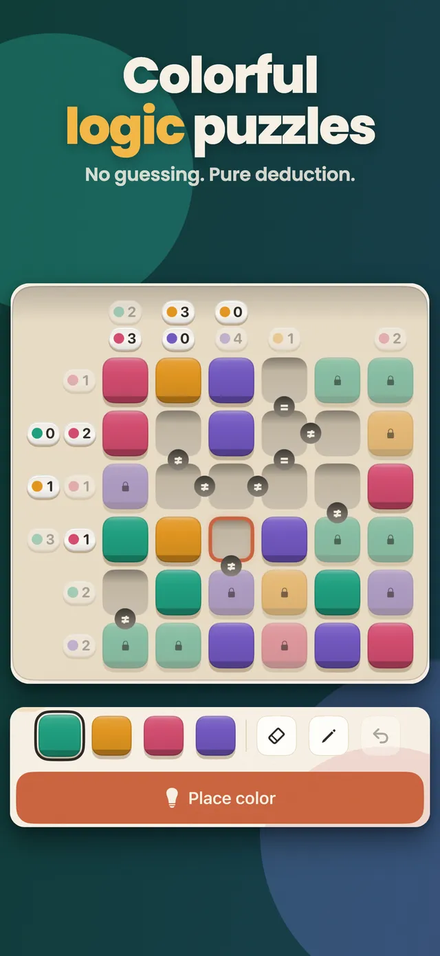 A Tinta grid partly coloured in green, orange, pink and purple, with count chips on the edges and = and ≠ markers between cells