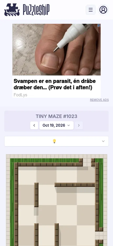 Tiny Maze #1023 on a phone: a display ad with Remove Ads above the date picker, the difficulty menu and the very easy maze turned upright as a 4 by 5 grid