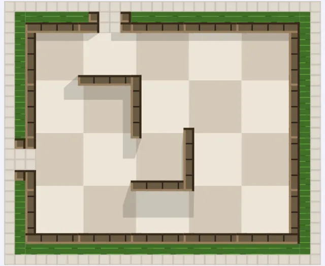 Tiny Maze #1022 for 18 October 2026, the very easy maze: a 5 by 4 grid of cells inside a hedge wall, two inner wall bends, doors on the top and left sides, before the path is drawn