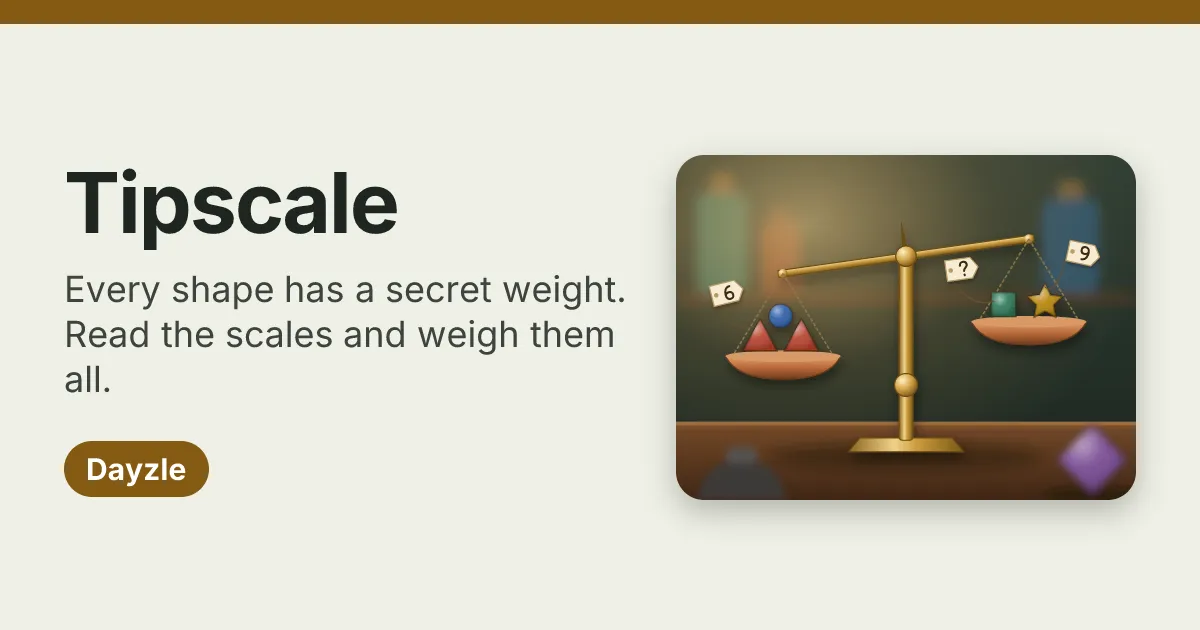 Tipscale card: the name, the rule Every shape has a secret weight, and a brass scale holding triangles, a ball, a square and a star with weight tags