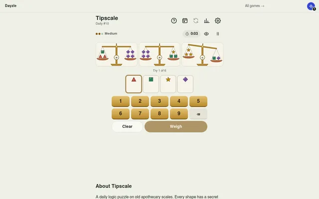 Tipscale Daily #10: three brass scales with triangles, squares, stars and diamonds, two balanced and one tipped, above four weight boxes and a 1 to 9 keypad