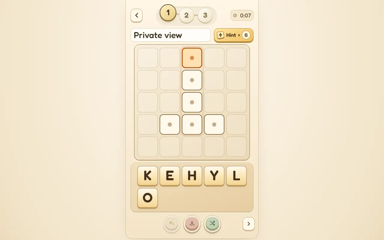 The first TIRDS puzzle of the day, clue Private view: a five by five grid with a T-shaped run of empty cells and the tiles K, E, H, Y, L and O to place