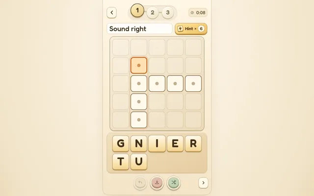 Today's first TIRDS puzzle, clue Sound right: a five by five grid with two crossing runs of empty cells and the tiles G, N, I, E, R, T and U to place, hint button showing six