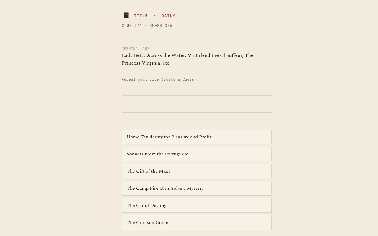 Title's daily web puzzle: clue 1 of 6, an opening line clue, a Reveal next clue link and six book titles to choose from