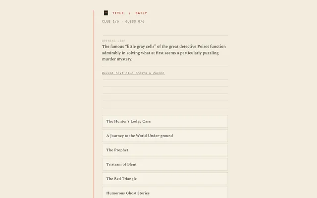 Title's daily web puzzle No. 146: clue 1 of 6, a Poirot mystery description, a Reveal next clue link and six book titles to choose from