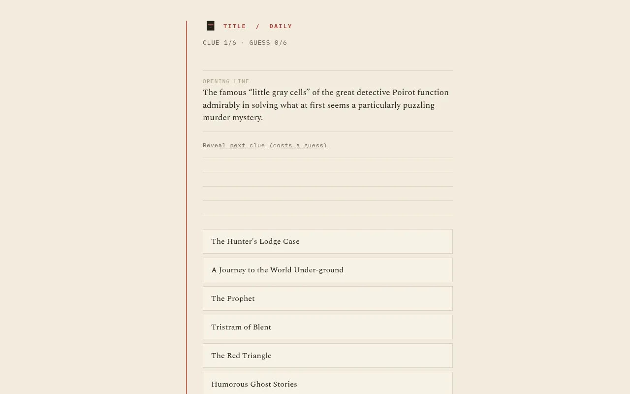 Title's daily web puzzle No. 146: clue 1 of 6, a Poirot mystery description, a Reveal next clue link and six book titles to choose from