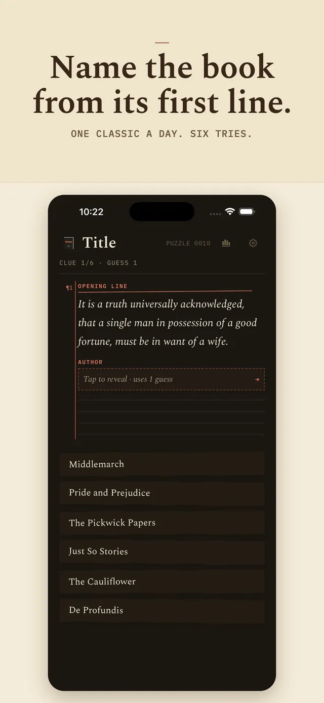 Title on iPhone: Name the book from its first line, with puzzle 0010's opening line from Pride and Prejudice and six titles to choose from