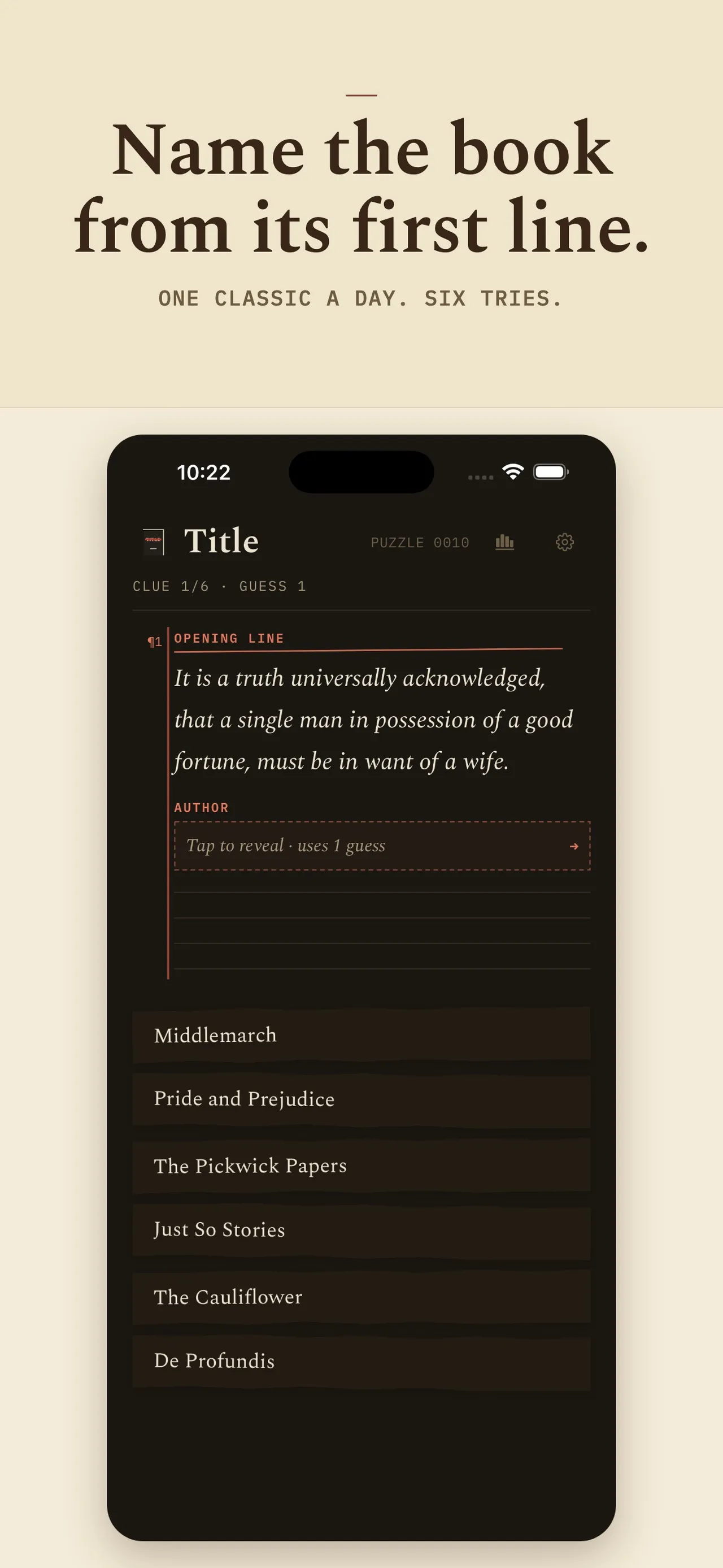 Title on iPhone: Name the book from its first line, with puzzle 0010's opening line from Pride and Prejudice and six titles to choose from