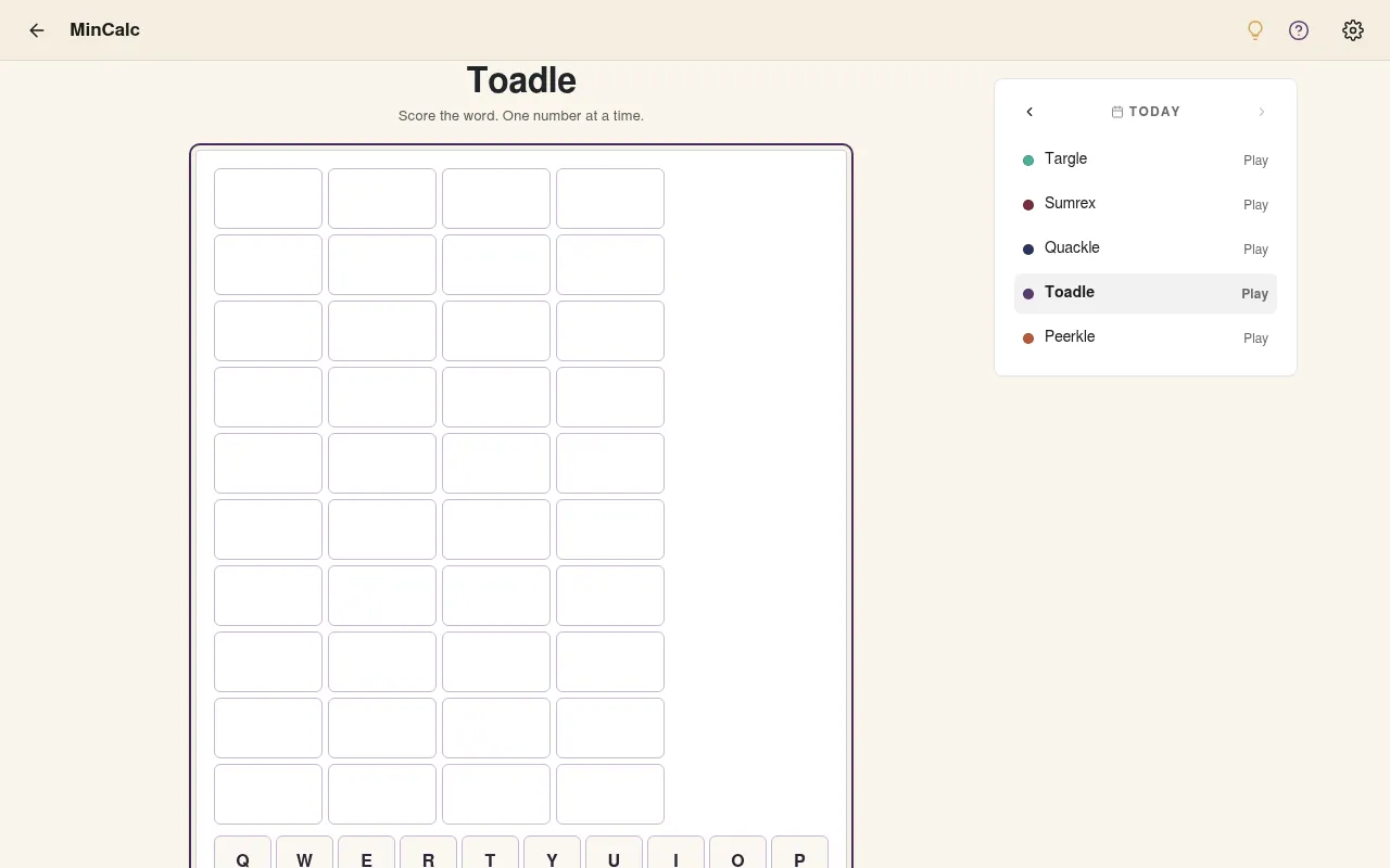 Toadle daily board: ten empty rows of four letter boxes above the keyboard, beside MinCalc's list of the day's puzzles