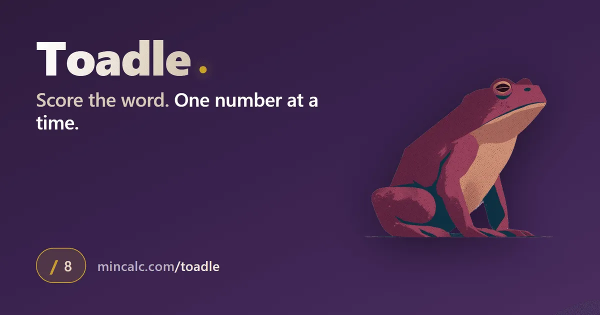 Toadle title art: an illustrated toad beside the name Toadle and the line Score the word, one number at a time