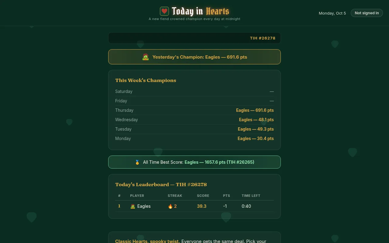 Today in Hearts front page for TIH #26278: yesterday's champion, this week's champions, the all-time best score and today's leaderboard