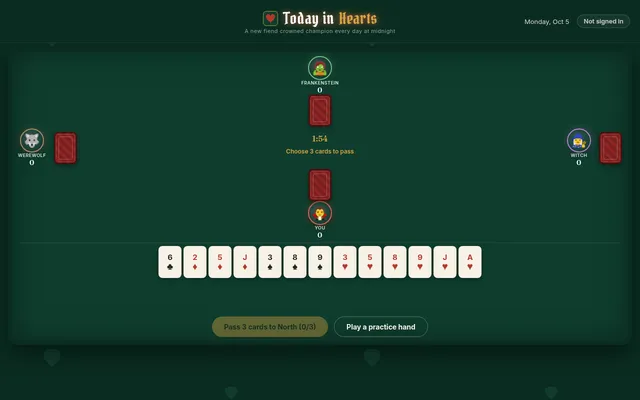 A Today in Hearts table: Frankenstein, the Werewolf and the Witch around a green felt, a 1:54 clock with Choose 3 cards to pass, and a hand of thirteen cards